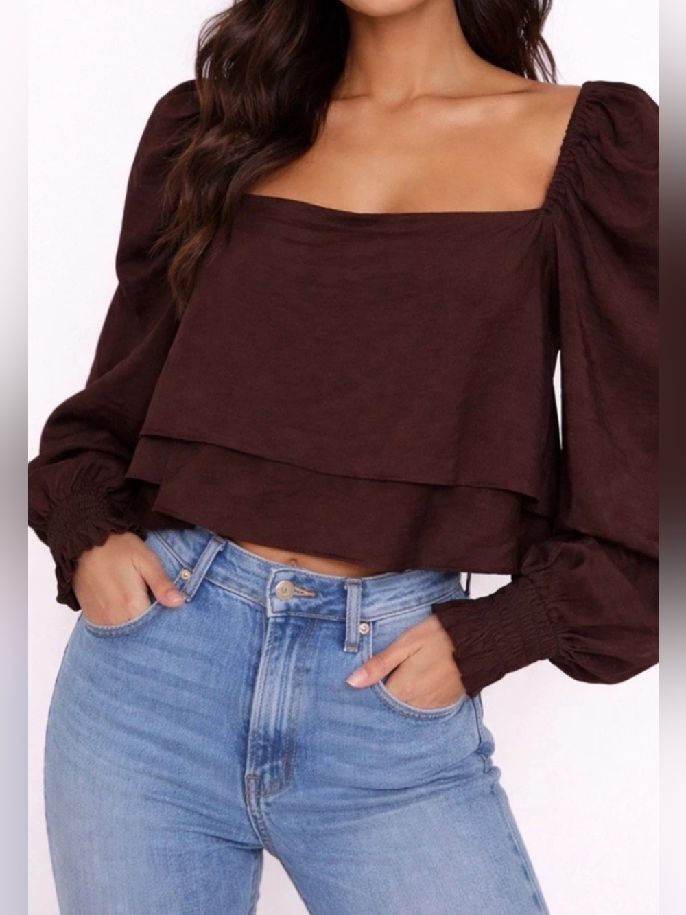 Gianni Bini Dark Brown Puff Sleeve Cropped Blouse